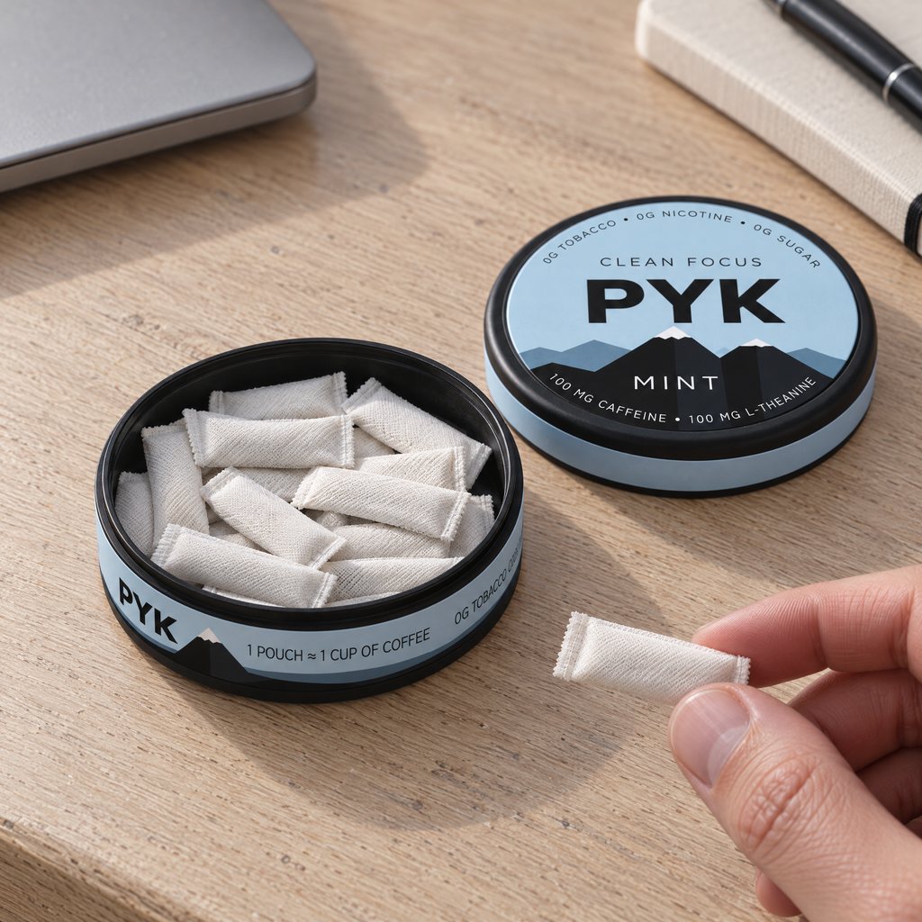 Ranka ima PYK maišelį iš atidarytos PYK MINT dėžutės ant darbo stalo