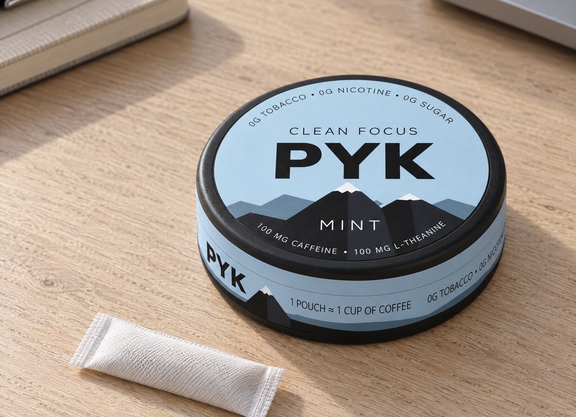 PYK MINT dėžutė ir maišelis ant biuro stalo, šalia nešiojamas kompiuteris, užrašinė ir ausinės